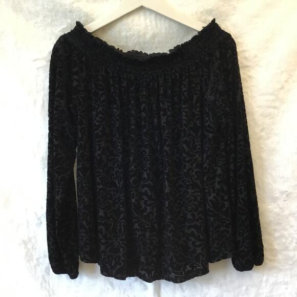 LOFT Black Velvet Flower Off Shoulder Top - Picture 2 of 11